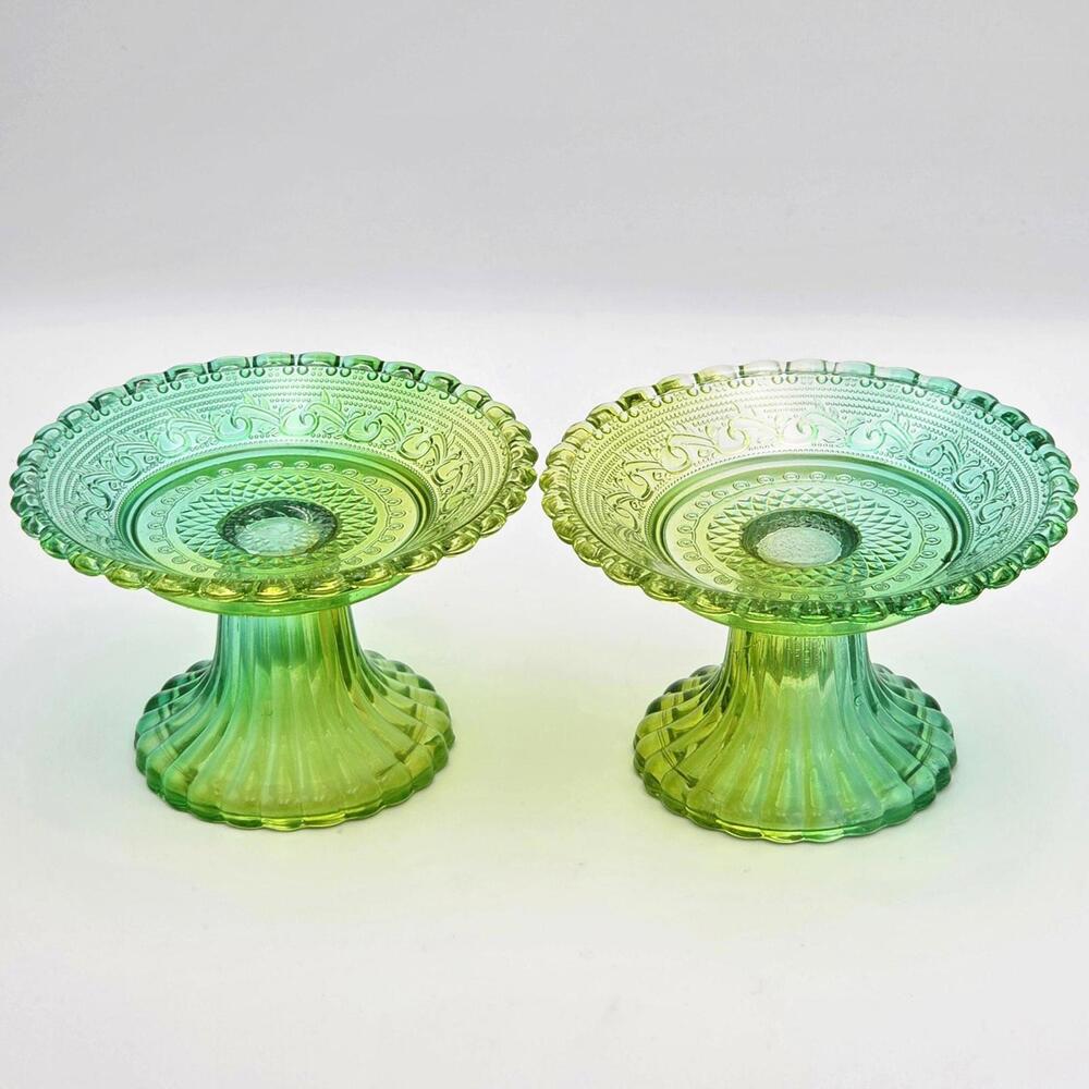 Vintage Glass Pedestal Dishes - Set of 2 Green Depression Glass 5”